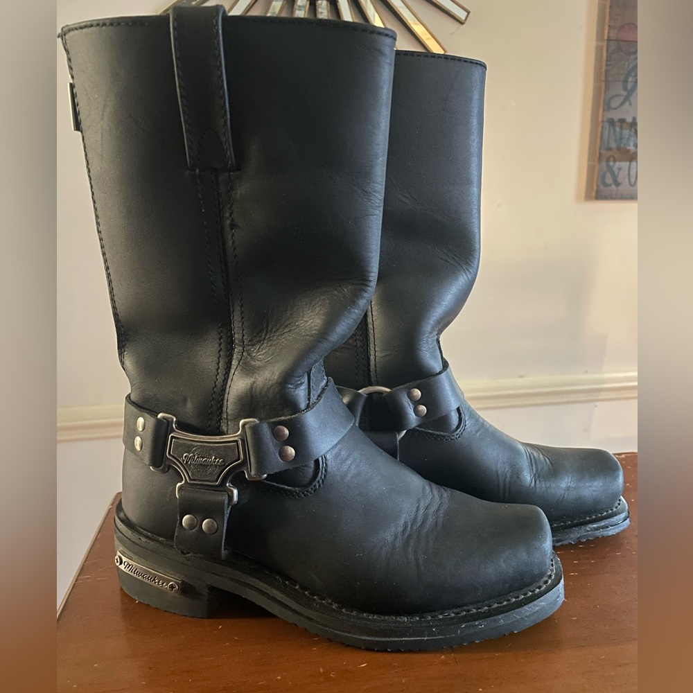 Milwaukee Women's Black Leather Harness Moto Boots